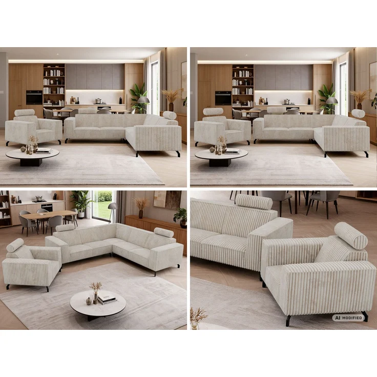 Möbelset 2-teilig, Ecksofa mit Sessel VESANO, Wohnlandschaft, Ecksofa L-Form mit Sessel, HR-Schaum & Wellenfederung, Set mit verstellbaren Kopfstützen - Beige Cord – Bild 2
