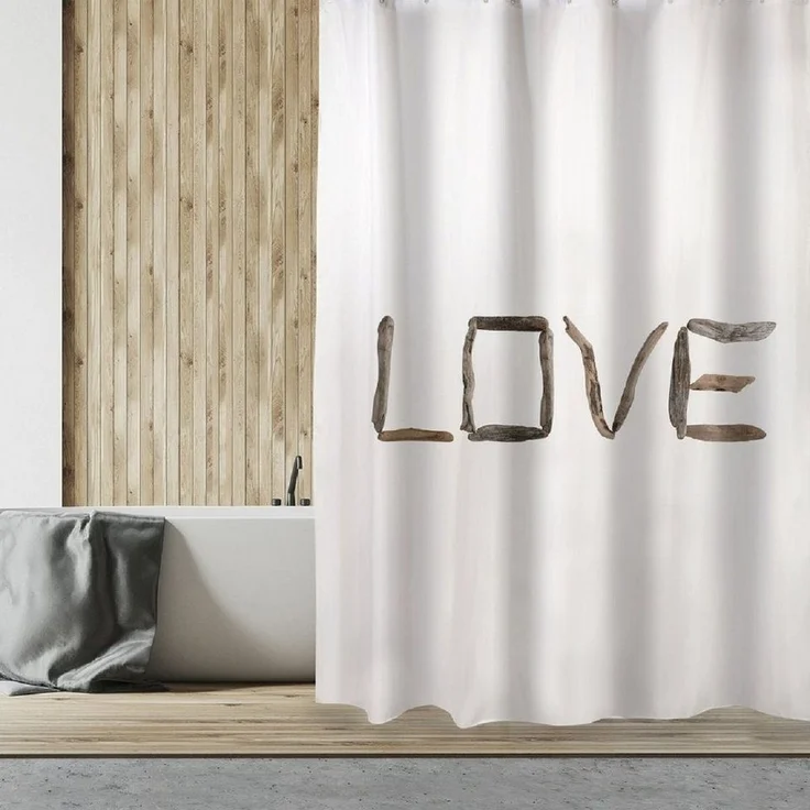 MSV Duschvorhang LOVE Breite 180 cm, Textil-Duschvorhang, 100% Polyester, wasserabweisend, Anti-Schimmel-Effekt, waschbar 30°, angesagter Shabby Look, Farbe weiß / braun, 180x200 cm – Bild 5