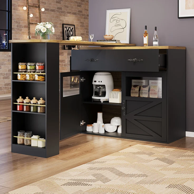 Ausziehbarer Bartisch Schwarz mit 360° Drehfunktion, MDF Tischplatte geprägt, Acryl-Türen, Aluminium-Griffe, Stauraum, 104cmx138-204cmx39cm – Bild 3
