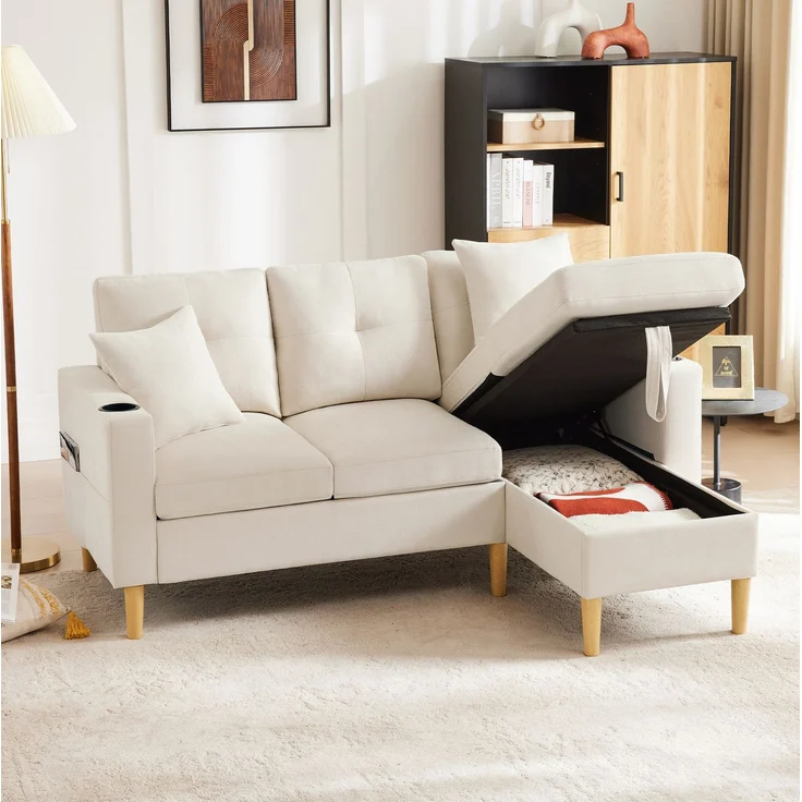 DESVIAE Sofa mit verschiebbarer Chaiselongue und Stauraum 175x90x129 cm Leinenoptik Beige – Bild 1