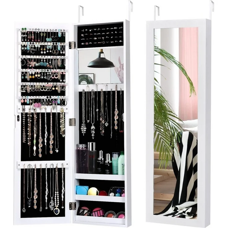 COSTWAY Schmuckschrank mit Ganzkörperspiegel, hängend, mit Haken, weiß – Bild 1