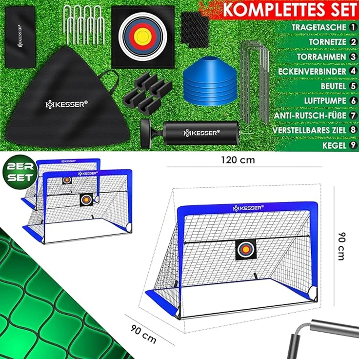 KESSER Pop-Up Fußballtor, 2er Set, mit Transporttasche, 6x Hütchen, Ballpumpe & Zielscheibe, Glasfaserstangen, Blau, 120x90 cm – Bild 5