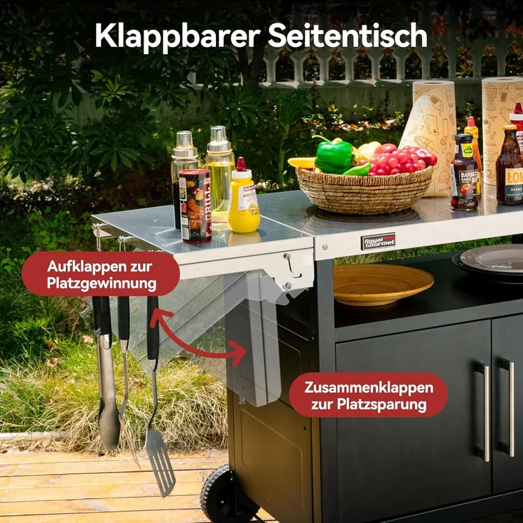 Royal Gourmet Grillwagen mit Klappbarem Seitentisch Grilltisch mit Handtuchgriff, Unterschrank, Grill Trolley mit Edelstahl Tischplatte, Servierwagen mit Rollen – Bild 5