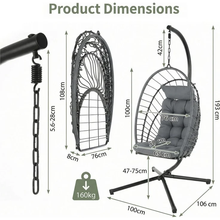 TLGREEN Hängesessel mit Gestell, Klappbarer Eiersessel, 360° Drehbar (Indoor & Outdoor Schaukelstuhl, Ergonomischer Relaxsessel mit Kissen), für Garten Balkon Wohnzimmer, Belastbar bis 160kg – Bild 2