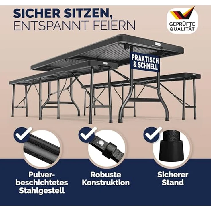 Casaria 'Malmö' Bierzeltgarnitur, 3-teilig, klappbar, Polyrattan schwarz, 180 x 75 x 73 cm – Bild 4