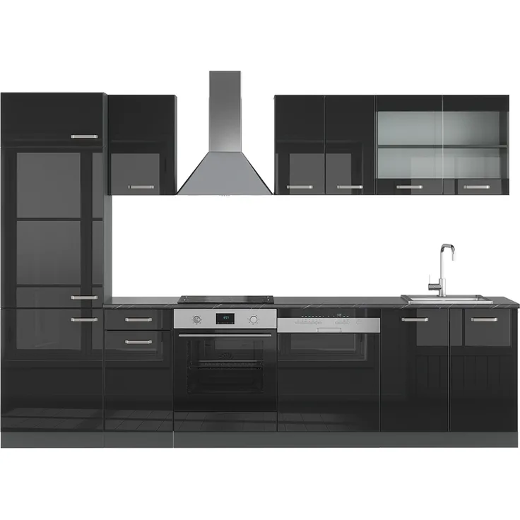 Küchenzeile R-Line Schwarz Hochglanz/Anthrazit 300 cm ohne Arbeitsplatte Vicco