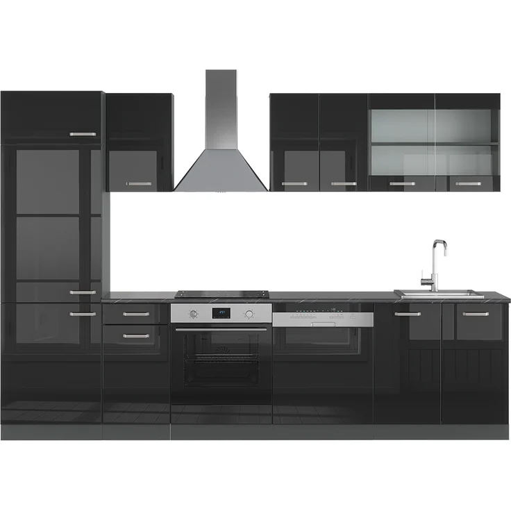 Küchenzeile R-Line Schwarz Hochglanz/Anthrazit 300 cm ohne Arbeitsplatte Vicco – Bild 1