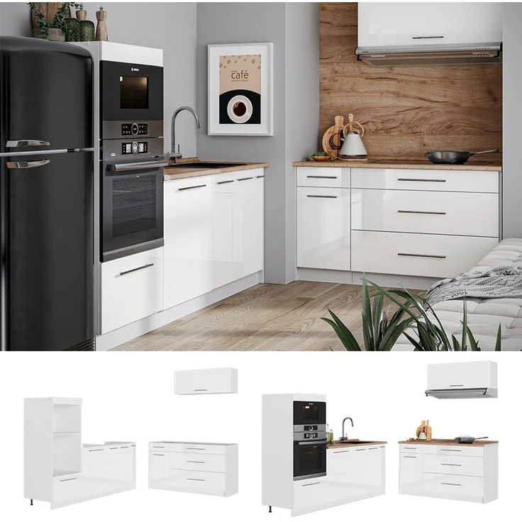 Küchenzeile Fame-Line Weiß Hochglanz/Weiß 340 cm, AP Marmor Vicco – Bild 4