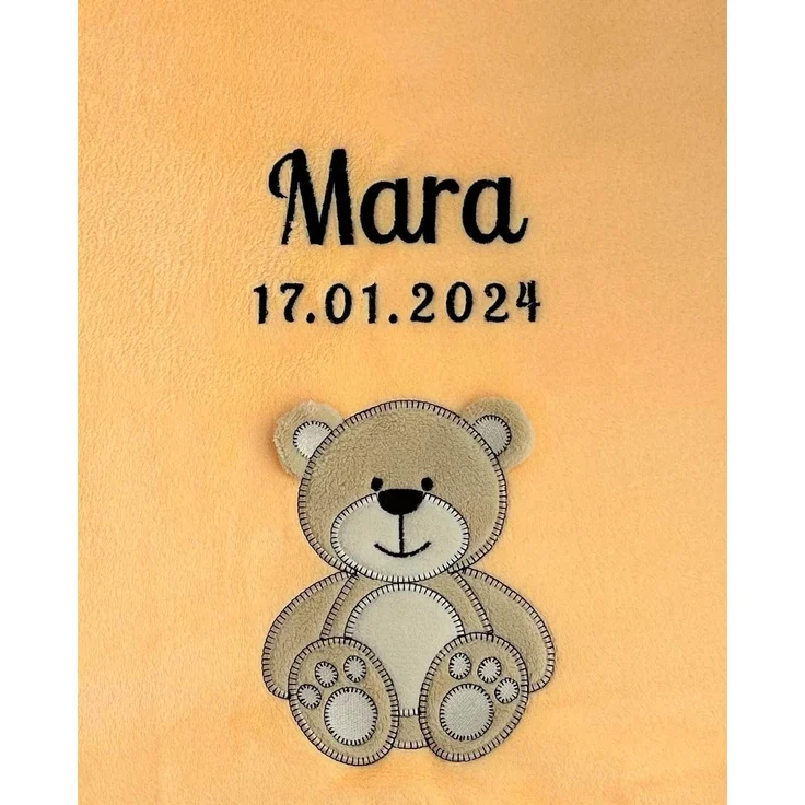 KIDDI-MEDIA Babydecke mit Name und Geburtsdatum Bestickt/kuschelig weich / 1A Qualität (Apricot - Bär)