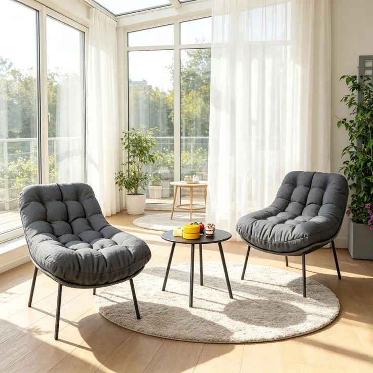 Gartentischgruppe mit Tisch H 44 x Ø 50 cm, Stahl und Harzgeflecht, mit 2 Stühlen