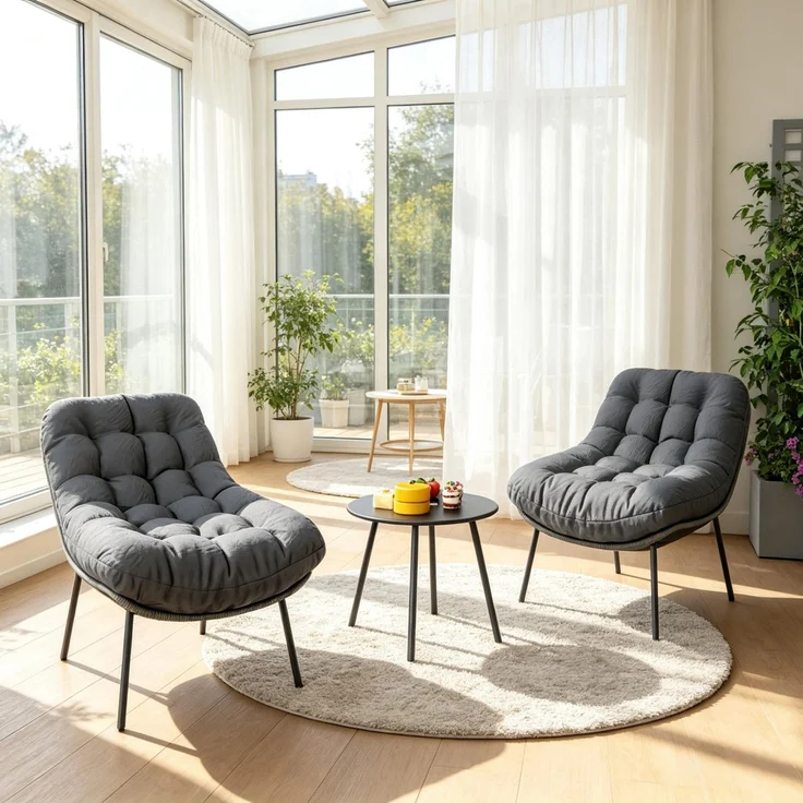 Gartentischgruppe mit Tisch H 44 x Ø 50 cm, Stahl und Harzgeflecht, mit 2 Stühlen – Bild 1