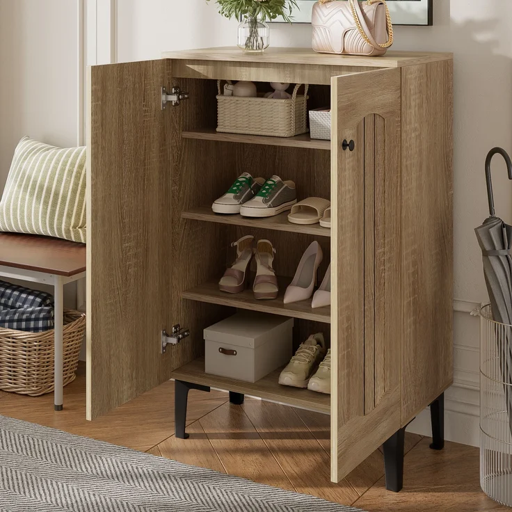 Schuhschrank, Holzfarbe aus Spanplatte mit Doppeltüren & Ablagefläche, 60x31,5x95 cm – Bild 4