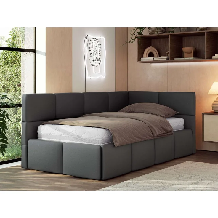 Jugendbett 90x200 ARVO Polsterbett mit Bettkasten, Stauraum & Gasdruckfeder, Modernes Design mit Kopfteil, Multipocket Matratze - Grau Kunstleder - ELORI LUX - Rechts Seite