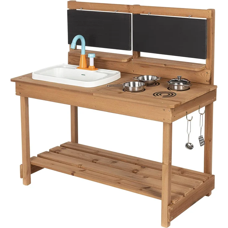 ONVAYA® Matschküche Braun Spielzeug-Gartenset »Matschküche aus Holz, Outdoor Spielküche mit Waschbecken und schwarzer Tafel, Inklusive Stauraum in der Kinderküche für Draußen – Bild 1