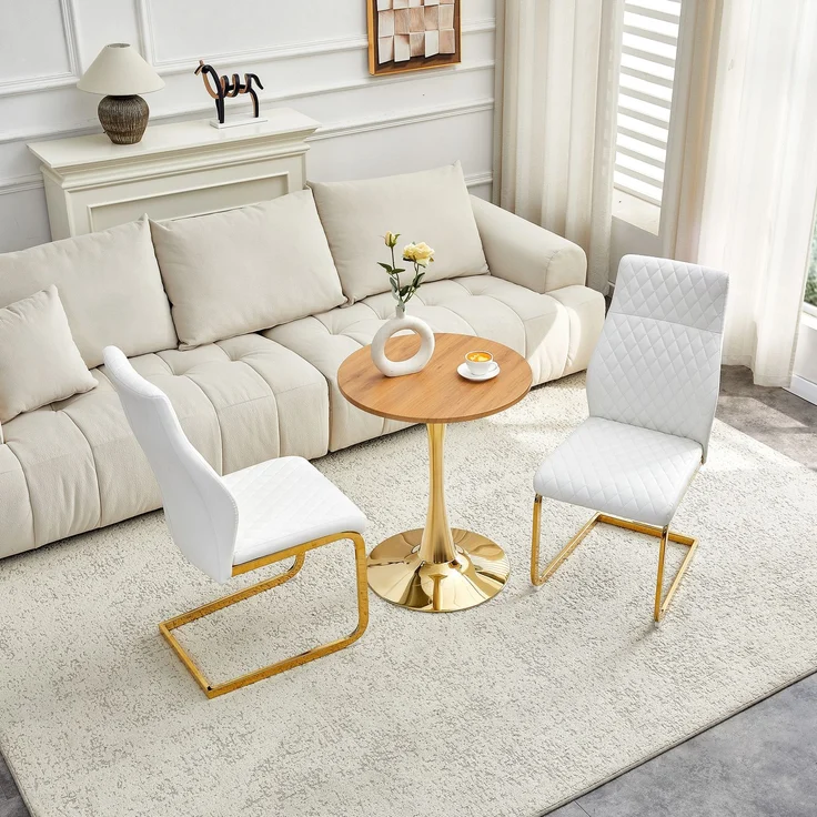 Esstischgruppe H 72 x T 60 x B 60 cm mit 2 Stühlen, MDF-Tischplatte, PU-Leder, goldfarbenes Metallgestell – Bild 1