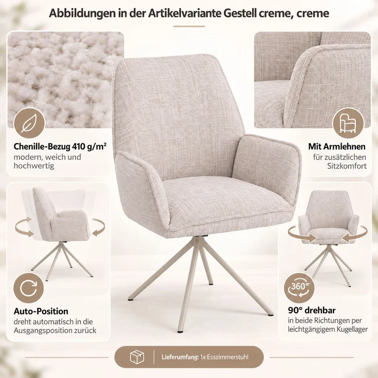 Esszimmerstuhl HWC-G67, Küchenstuhl, drehbar Auto-Position Metall Chenille (410g/m²) ~ Gestell creme, hellgrau – Bild 2