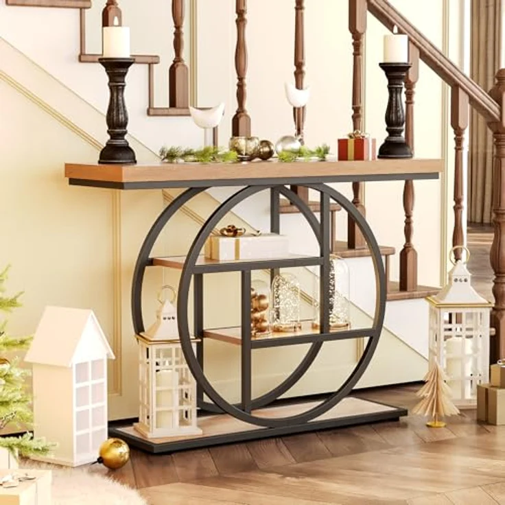 LITTLE TREE Konsolentisch, 4-stöckiger Eingangstisch hinter dem Couchtisch, 104 cm Bauernhaus-Sofatisch für Wohnzimmer, Foyer, Flurtisch für Eingang, Walnuss und Schwarz – Bild 7