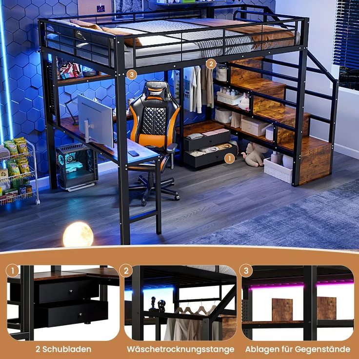 Merax Hochbett, Kinderbett 140 x 200 cm, Jugendbett mit 2 Schubladen, mit LED-Lichtleiste, Schreibtisch, Ohne Matratze, Schwarz – Bild 7