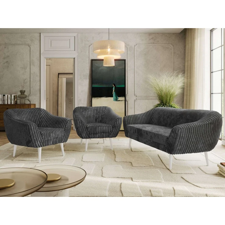 Wohnzimmerset PIRS 1-1-3, Skandinavisches 3-Sitzer Sofa mit Sesseln, Sofa mit Wellenfederung, weiße Füße, Skandinavisches Möbelset - Grau Cord – Bild 1