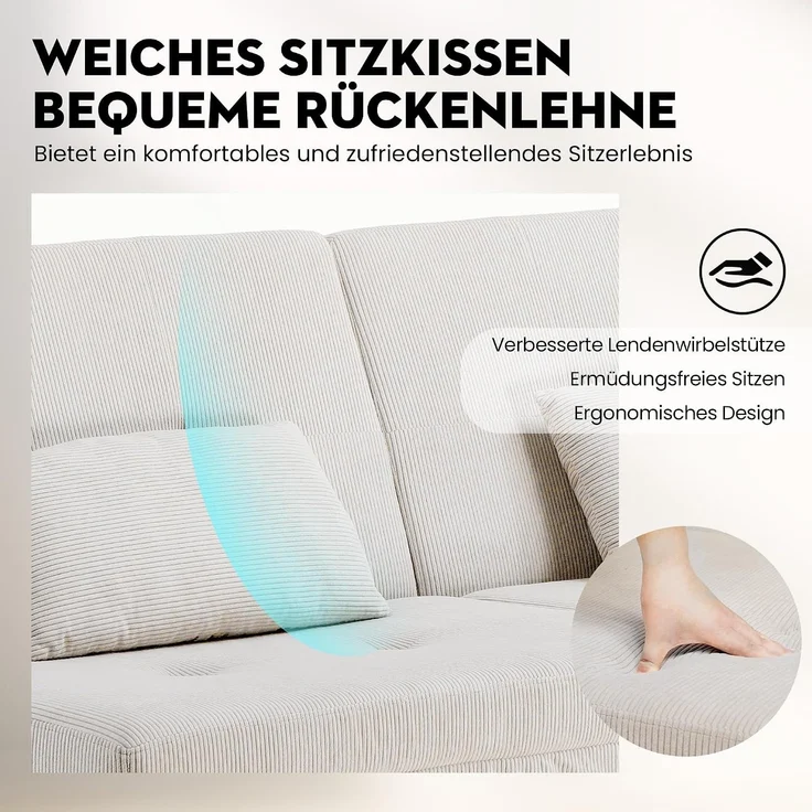 COMHOMA Sofa Schlafsofa mit Schlaffunktion, überzug Futon Klappsofa, Bettcouch, ecksofa, Couch Gästebett, 3-Sitzer Sofa, mit verstellbare Rückenlehne aus Cordstoff Beige – Bild 4