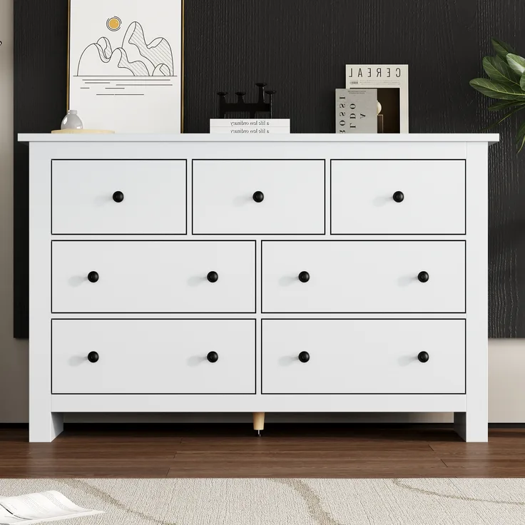 Sideboard Buffet aus Spanplatte mit 7 Schubladen & Kippsicherung, 152x40x89 cm, Weiß