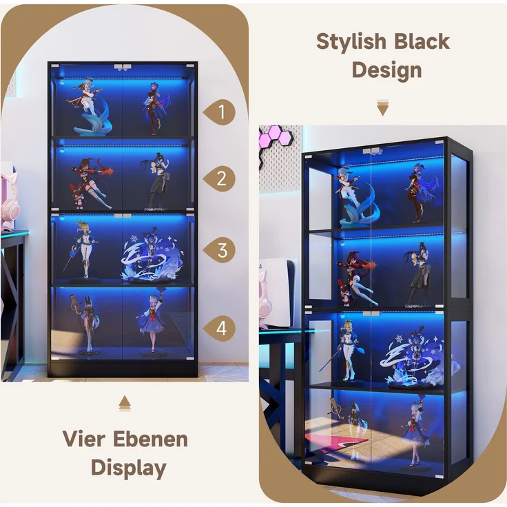 Merax 170 cm LED Vitrine, Glas Sammlungsvitrine Transparent, 4 Ebenen Stauraum, App-gesteuertes LED-Licht, Push-to-Open Türen, Vitrine für Figuren & Modelle, Schwarz – Bild 6