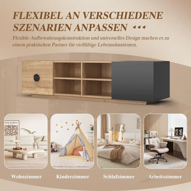 Fernsehtisch, Holzwerkstoff mit LED & Schublade, 180x38,5x47 cm, Schwarz/Natur – Bild 9