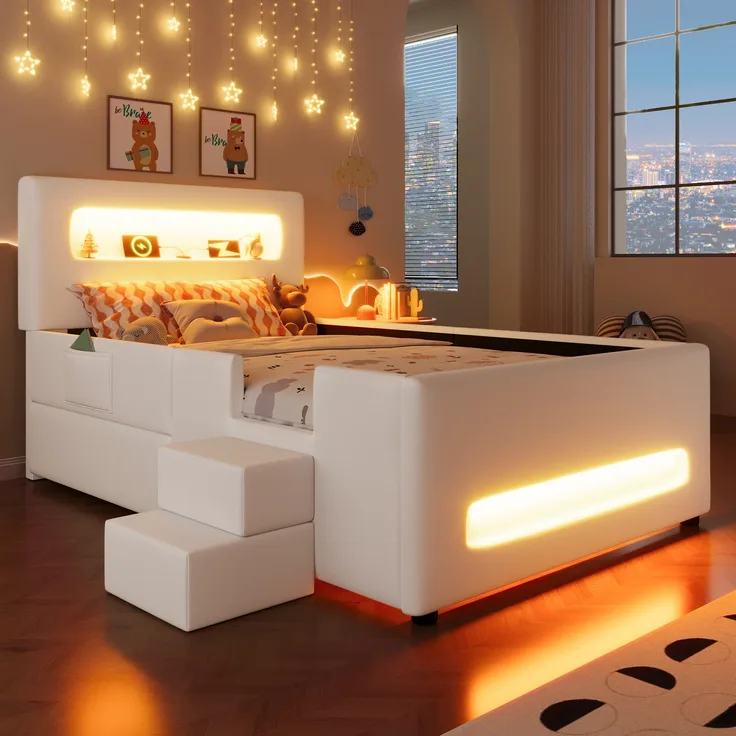 Gepolstertes Plattformbett, mit Treppe Schubladen LED-Lichtleisten Aufbewahrungstaschen, Stoff Holzwerkstoff, Weiß, 90 x 200 cm