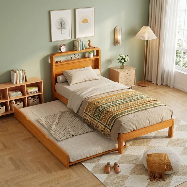 CHICFURN Ausziehbett Holz Natur 90x200 cm mit Gästebett 90x190 cm, links/rechts montierbar – Bild 2