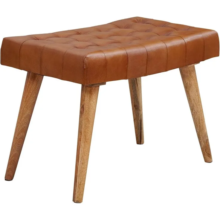 Wohnling Sitzhocker 67 x 47 x 39 cm Mango Massivholz / Echtleder Chesterfield-Design | Lederhocker Braun | Beiste