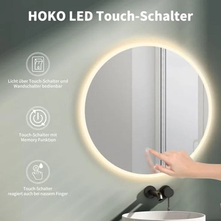 HOKO LED Badspiegel Rund 60cm mit Touch-Schalter, Memory-Funktion & Lichtwechsel 2700-6500K, feuchtraumgeeignet – Bild 3