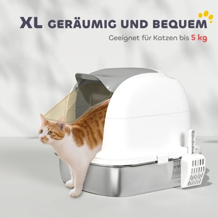 Katzenklo Edelstahl mit Deckel, Katzentoilette mit Wanne, Streuschaufel, für Katze unter 5 kg, 52,4 x 41,3 x 42 cm, Weiß--Weiß--52.4x41.3x42cm--YOUDENOVA – Bild 6