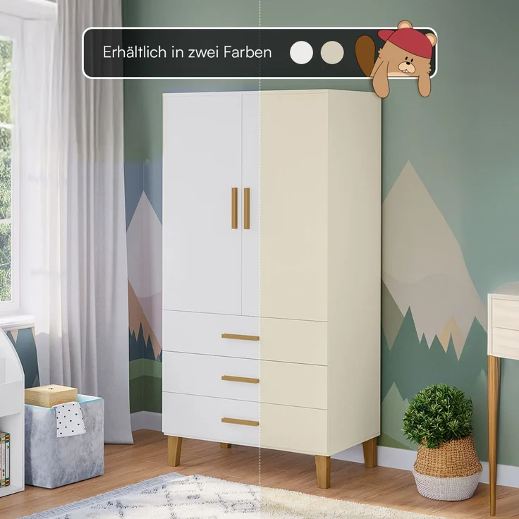 Bellabino 'Liri' Kinderkleiderschrank, beige, Kleiderschrank für Kinderzimmer mit 3 Schubladen und Kleiderstange – Bild 7