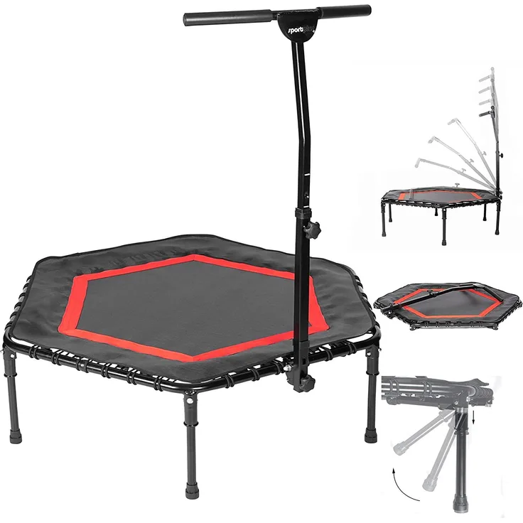 Klappbares SportPlus Fitness Trampolin, komplett faltbare Standbeine und Haltegriff in Sekunden, 126cm, leise Gummiseilfederung, hochwertiges Sprungtuch, ideal für Jumping Fitness, Sicherheit geprüft