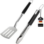 Grill-Besteck 2tlg. / Zange und Wender / langes Grillzubehör aus Edelstahl mit Softgriff
