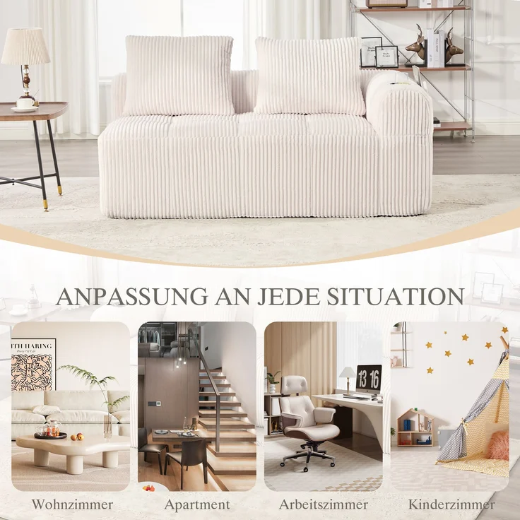 2-Sitzer Sofa, Cord mit Seitenfächern & Becherhaltern, 158x93x61 cm, Beige – Bild 9
