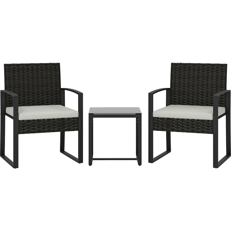 MELAYR, Rattan Bistroset, 3 teiliges Gartenmöbel-Set mit 2 Gartenstühlen, Couchtisch, 58 x 55 x 76 cm, Cremeweiß