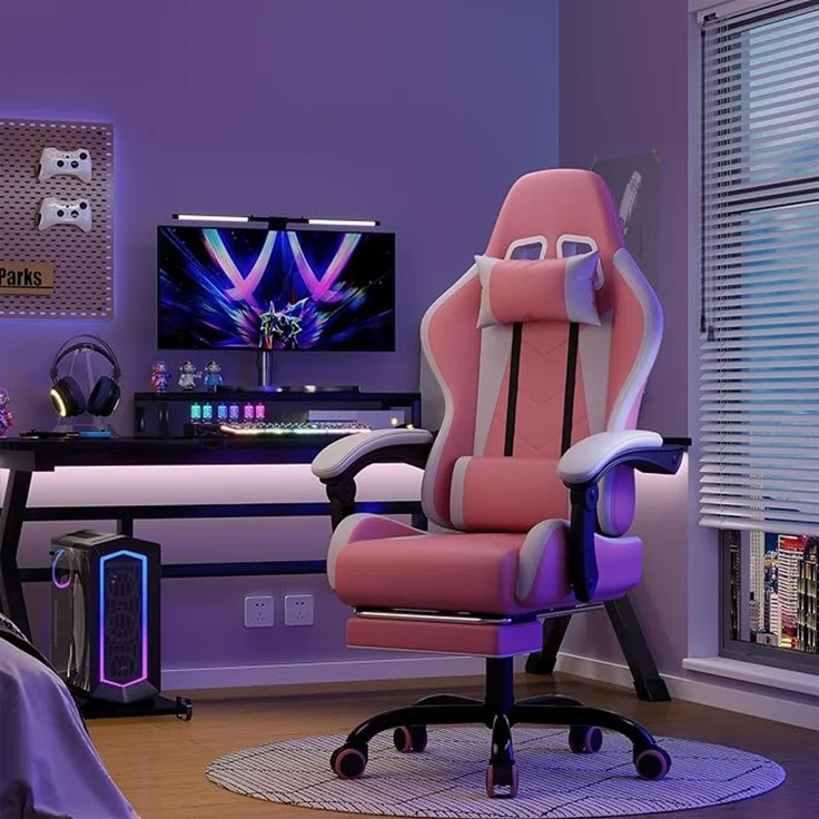 Devoko Massage Gaming Stuhl, Computer Bürostuhl mit Fußstütze, Racing Gamer Stuhl 150kg Belastbarkeit, 90-135° Rückenlehne einstellbar Ergonomischer PC Stuhl, 360° drehbar, Rosa – Bild 2