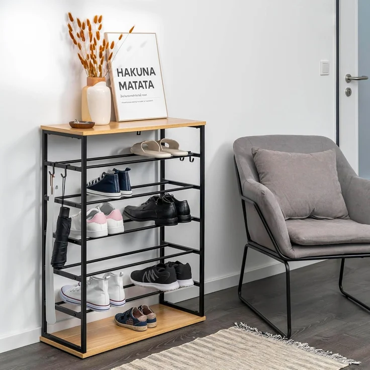 eluno Schuhregal für max. 18 Paar Schuhe, 2 Holzablagen, 4 Haken – Bild 2