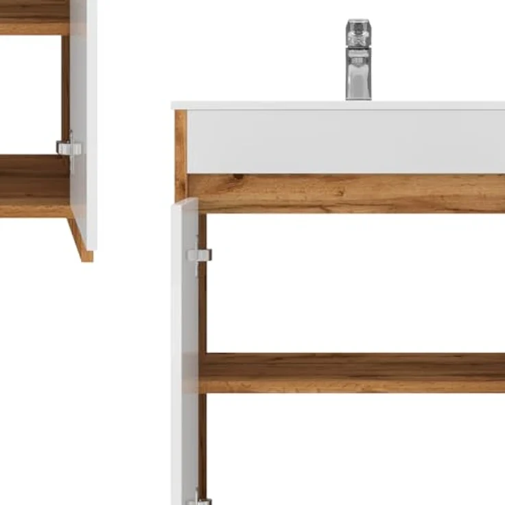 Vicco Waschbeckenunterschrank Lemgo, Badmöbelset in Goldkraft-Eiche mit weißem Hochglanz-Front und Keramikwaschbecken, 59,6 x 81,9 x 40 cm – Bild 6