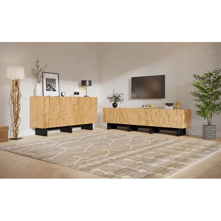 Ein Wohnzimmer-Sideboard (140x40x70cm) + ein viertüriger TV-Schrank (180x38.5x45cm) in Naturholzfarbe mit schwarzen Akzenten, geeignet für einen 75-Zoll-Fernseher--Natürlich--102.01x48.01x12.5cm--YOUDENOVA – Bild 7