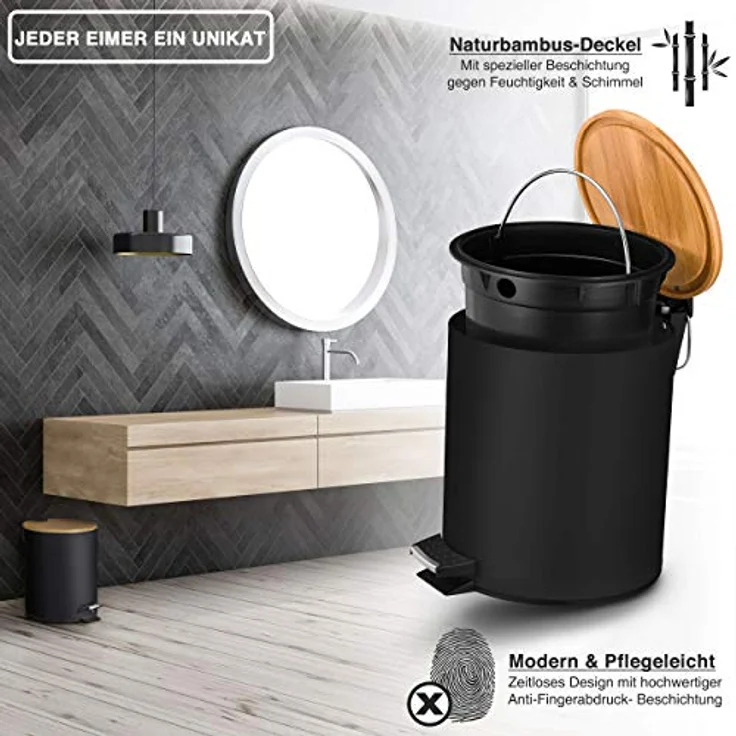 VMbathrooms 5L Kosmetikeimer in edlem schwarzem Design | Tretmülleimer mit Absenkautomatik (Soft Close) | Eleganter Eimer fürs Bad mit Innenbehälter und Bambus-Holzdeckel – Bild 5