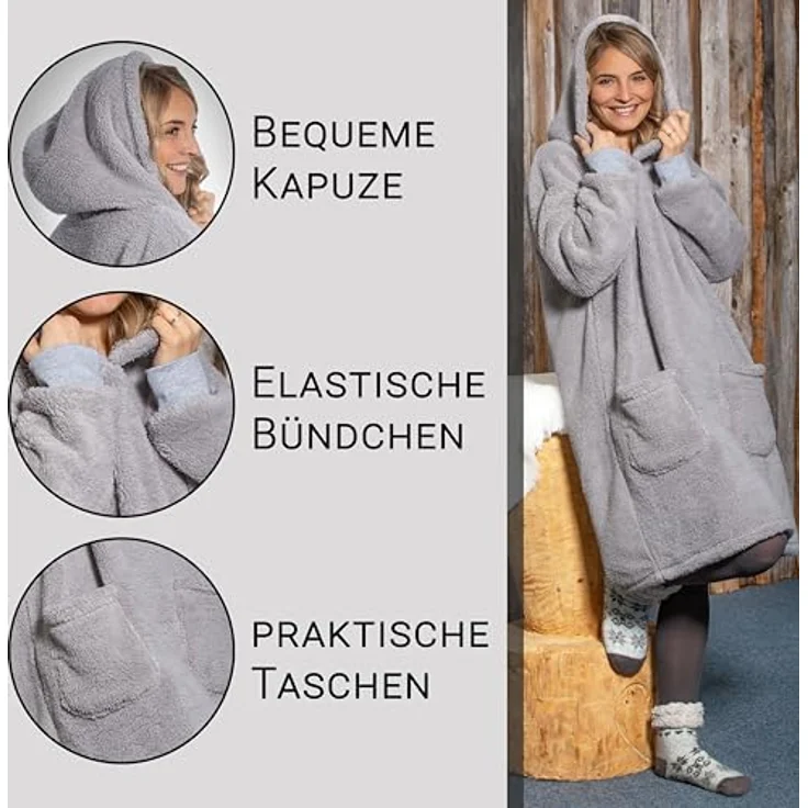 Zollner Kuscheldecke, Hellgrau, Oeko-Tex® Standard 100, 175x130 cm, mit Kapuze und großen Fronttaschen – Bild 3