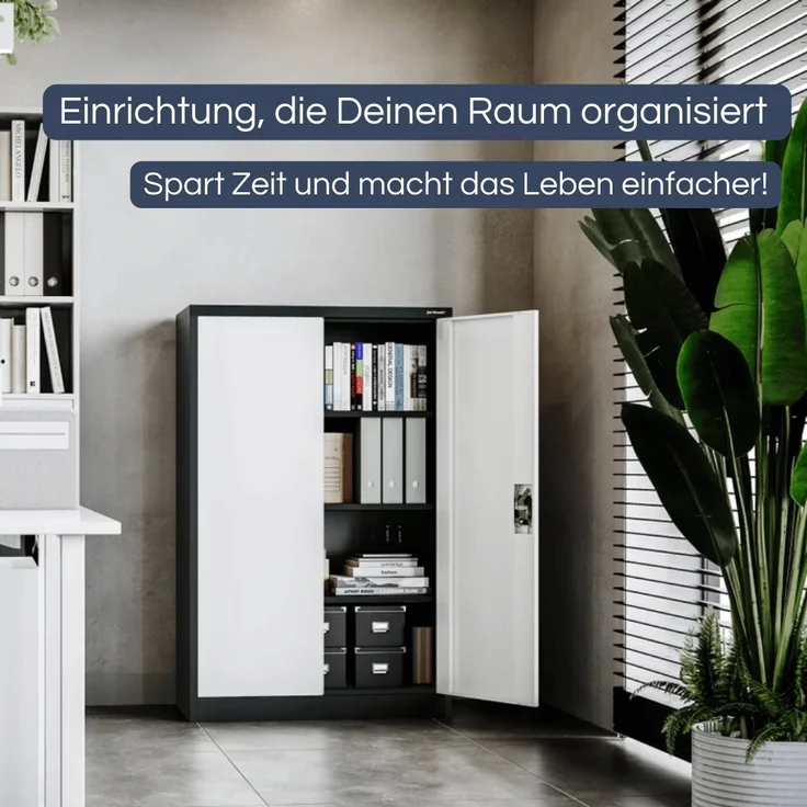 Aktenschrank abschließbar KADO - 4 Ebenen verstellbar, Flügeltüren | Metallschrank Werkstatt Mehrzweckschrank Büroschrank aus Stahl Werkzeugschrank, 140x90x40cm Anthrazit-Weiß – Bild 3