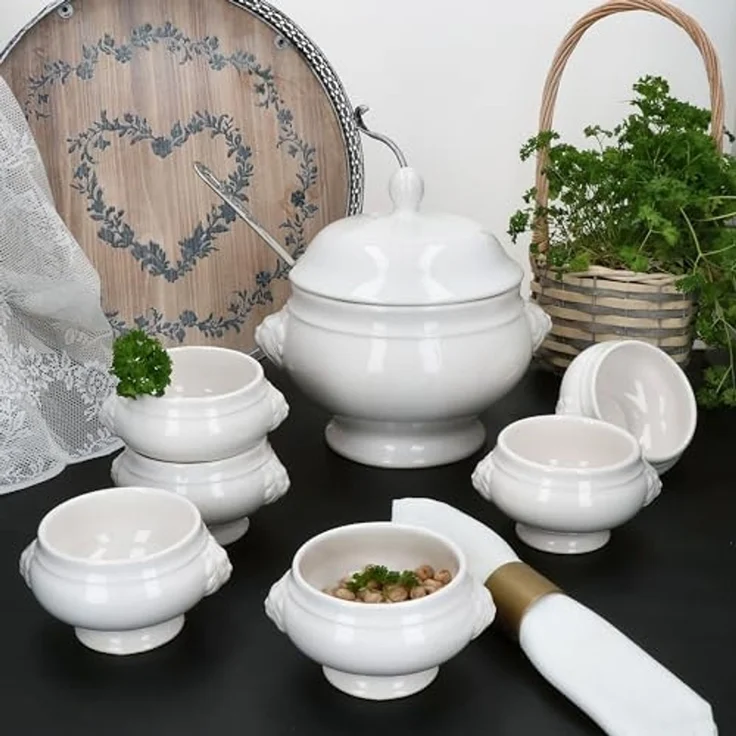MamboCat Suppenschüssel 7tlg Set LEO Löwenkopf-Terrine mit & ohne Deckel 2L 0,25L weiß, Steingut – Bild 3