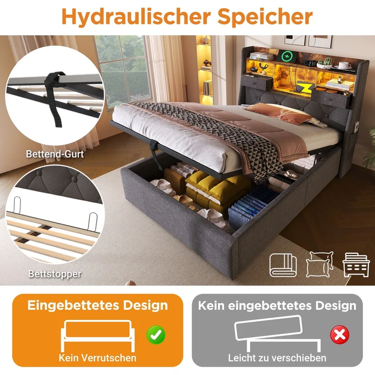 Einzelbett 90x200 Grau mit LED, Stauraum, USB/Typ-C Ladeports, Retro-Polsterkopfteil & Hydraulik – Bild 9