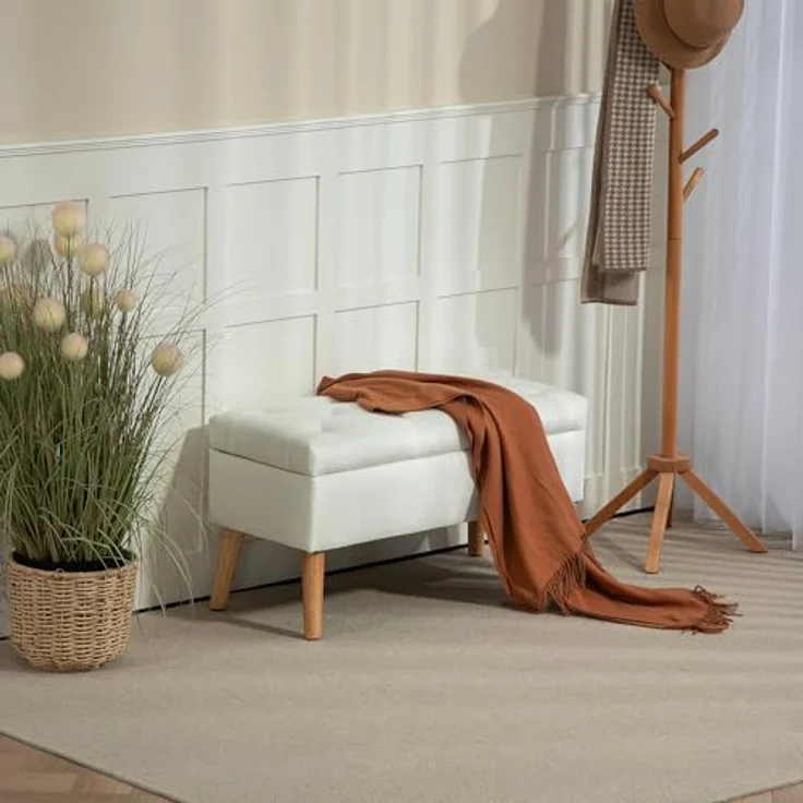 HOMCOM Sitzbank mit Stauraum, Deckel, Samtoptik (Truhenbank, 1-St, Polsterbank), für Flur Schlafzimmer Wohnzimmer, Gummiholz 102 x 35 x 43 cm Weiß – Bild 3