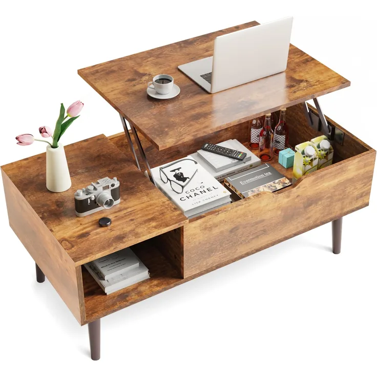 Sweetcrispy Couchtische, Lift Top Couchtische für Wohnzimmer, kleine aufsteigende hölzerne Mitte Tische mit versteckten Storage Compartment, Rostbraun