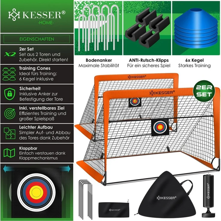 KESSER Pop-Up Fußballtor, 2er Set, mit Transporttasche, 6x Hütchen, Ballpumpe & Zielscheibe, Glasfaserstangen, 120x90 cm, Orange – Bild 2