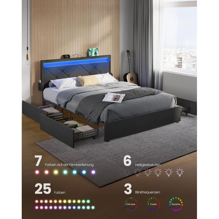 VASAGLE Doppelbettgestell, Bettgestell, 140 x 200 cm, LED, Metallbett, 4 Schubladen, Ladestation, verstellbares gepolstertes Kopfteil, schiefergrau RMB827G02 – Bild 2